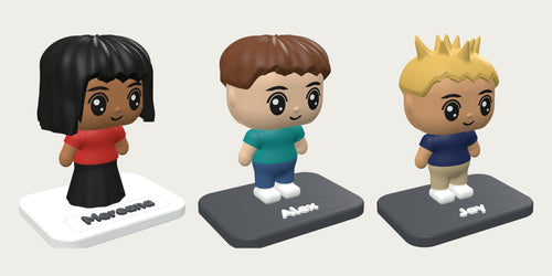 Three Mini Me figures side by side, each on a base with a name plate