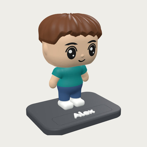 Mini Me figure with short brown hair, teal T-shirt and denim trousers on a charcoal base